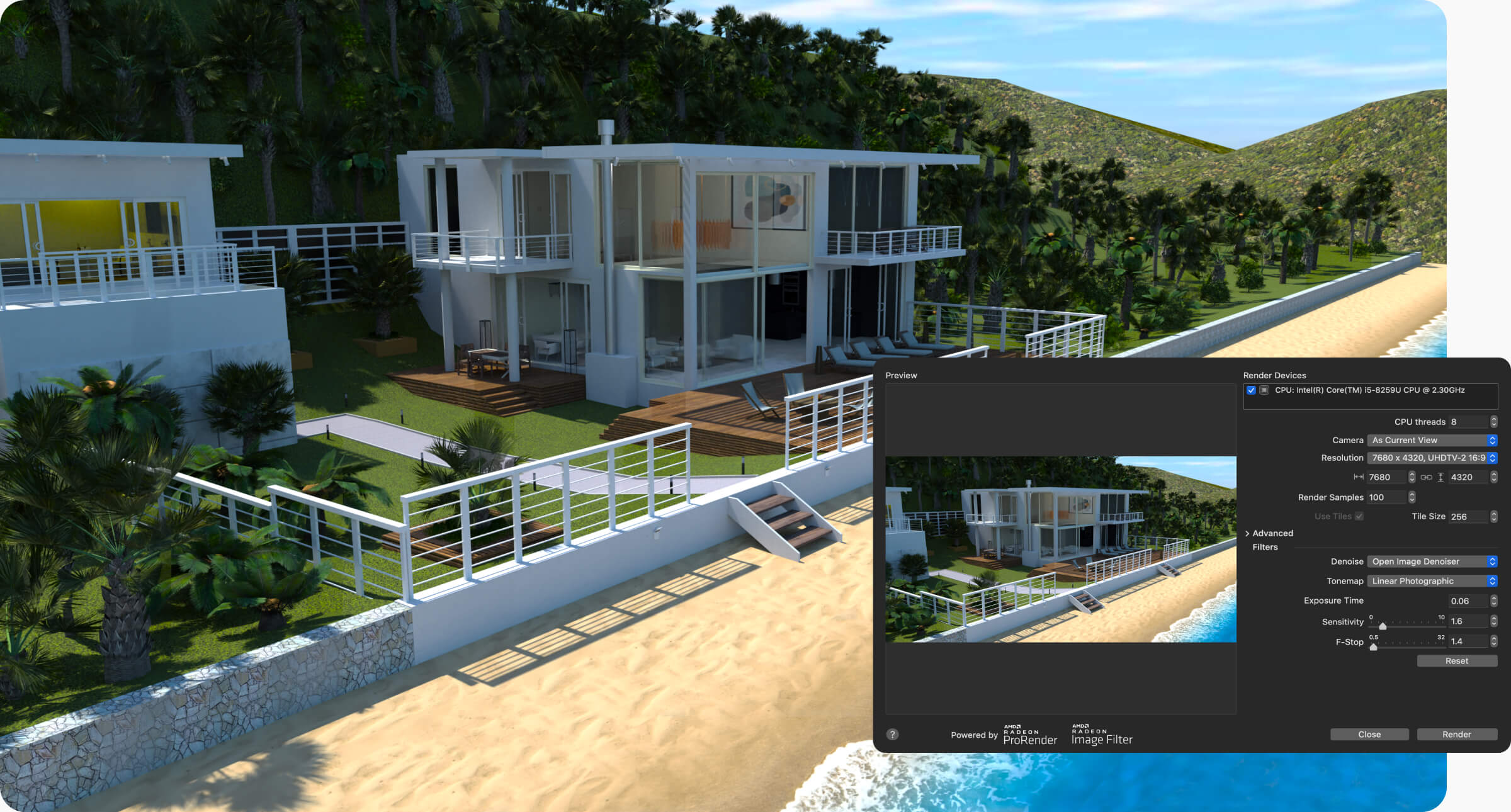 Rendering functionality of the Live Home 3D interior design app for Mac, powered by AMD Radeon ProRender.