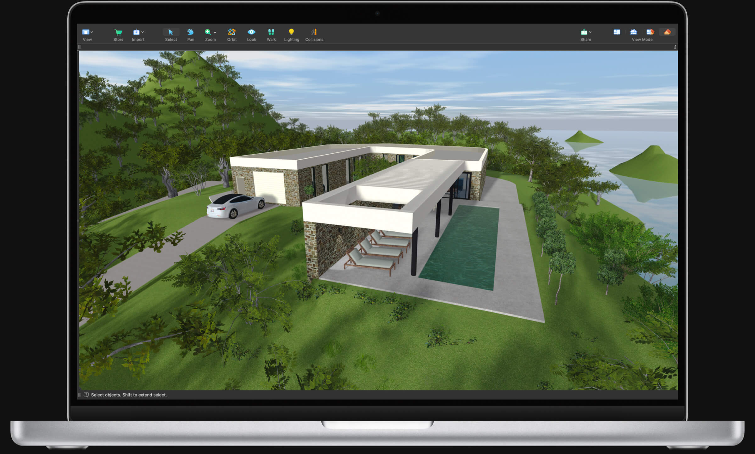 A project with complicated terrain made in Live Home 3D landscape planner.
