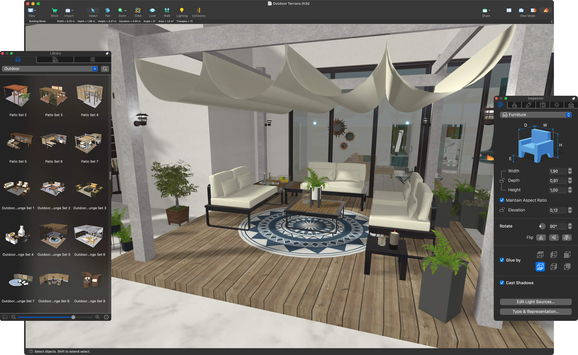 A terrace design project opened in the Live Home 3D home design app.