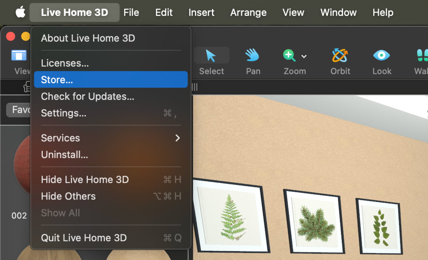 Live Home 3D menu with Store selected.