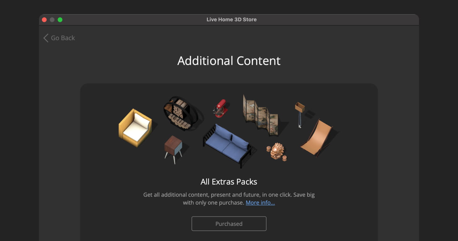 Additional content section of the Live Home 3D In-App Store.