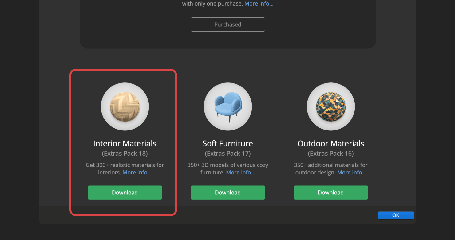 Interior Materials in-app selected in the Live Home 3D In-App Store.