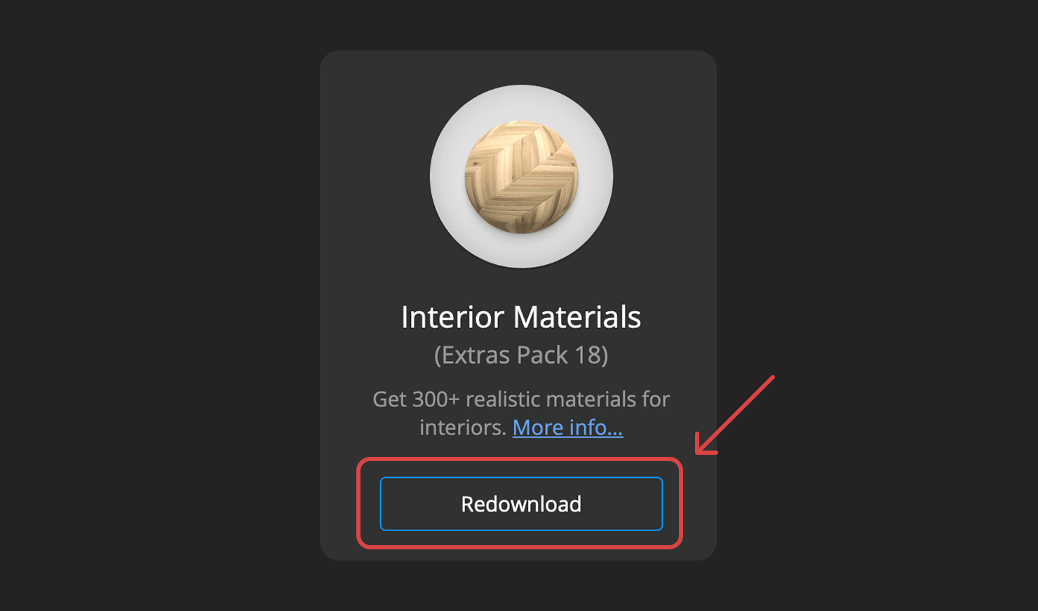 Interior Materials with Redownload button in the Live Home 3D In-App Store.
