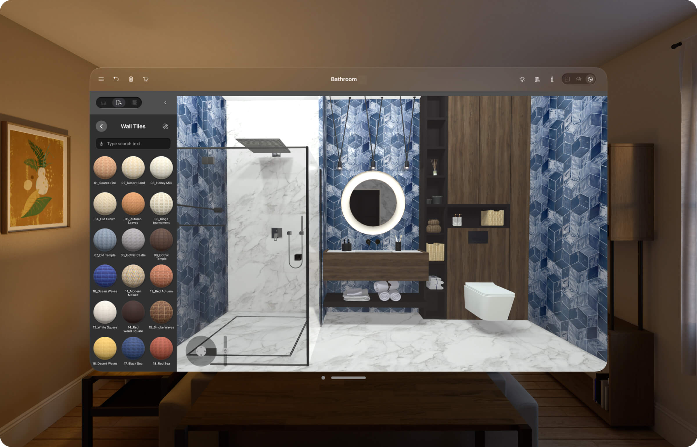 Bathroom design in Live Home 3D on Apple Vision Pro.