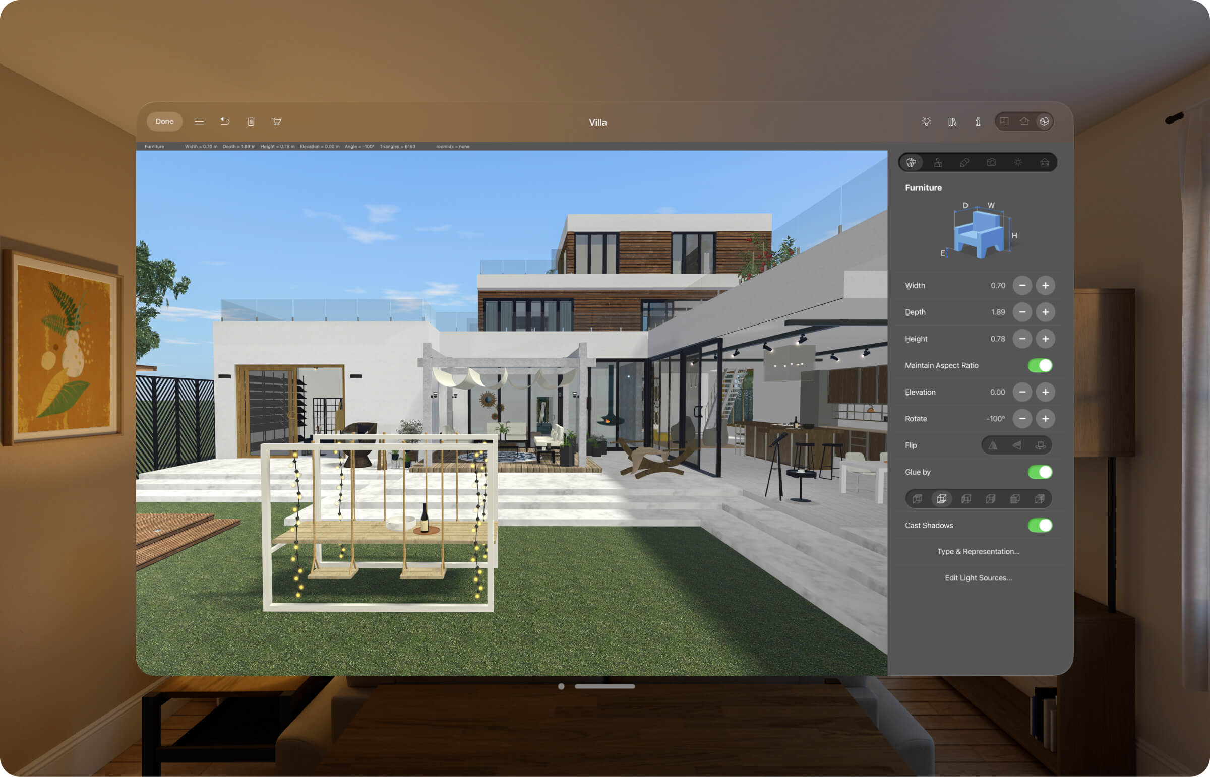 A house with a backyard designed in Live Home 3D for VisionOS.