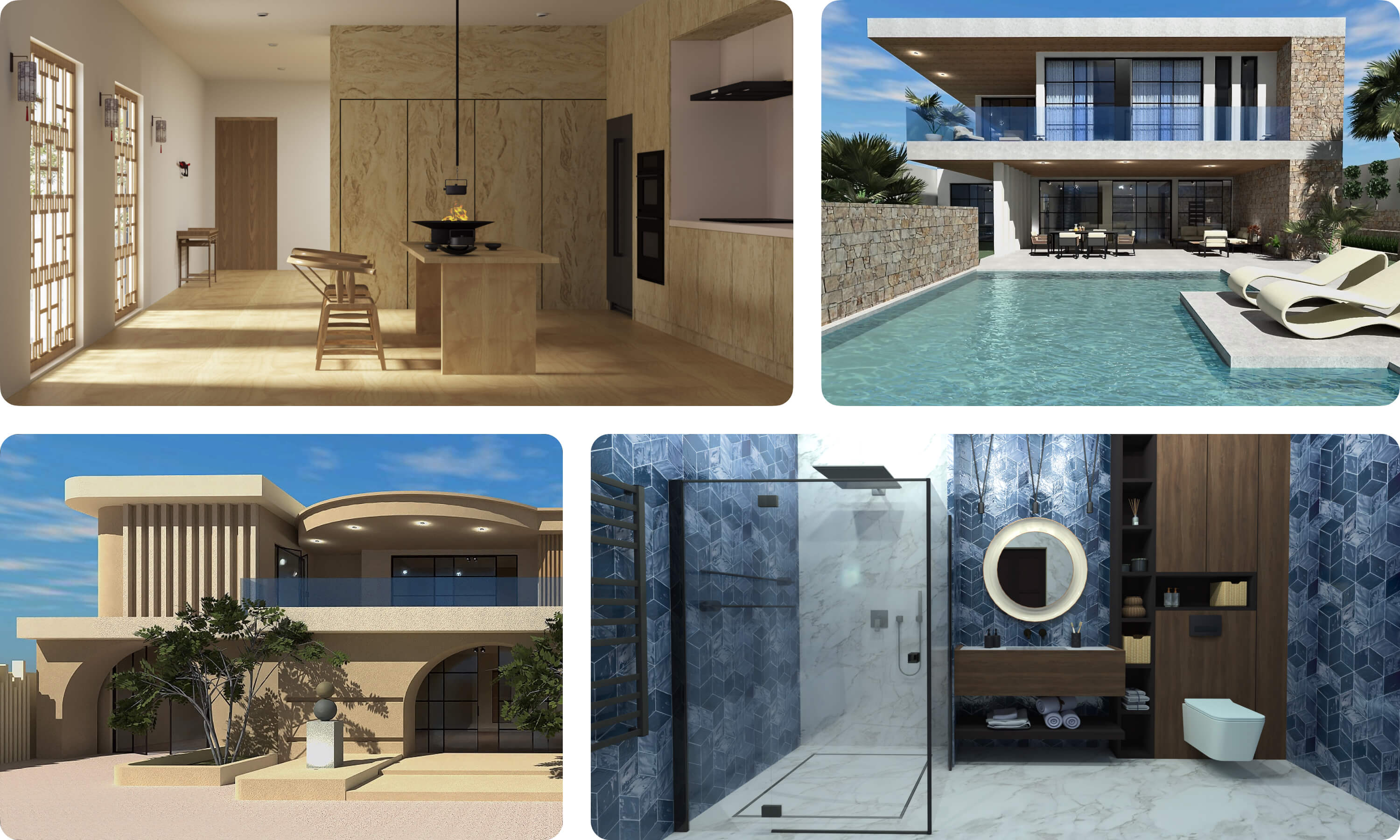 Designs of a kitchen, a bathroom and modern villas made in Live Home 3D.