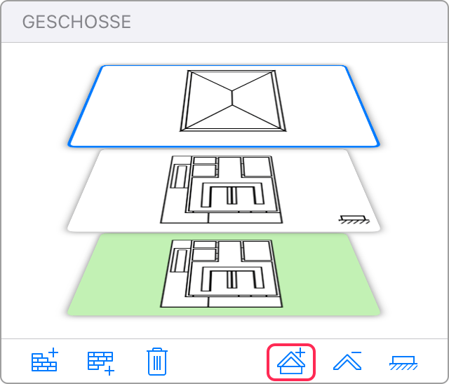 The Stories section of the Inspector with a tool to add roofs indicated