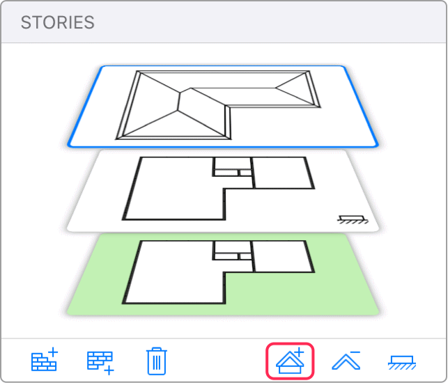 The Stories section of the Inspector with a tool to add roofs indicated