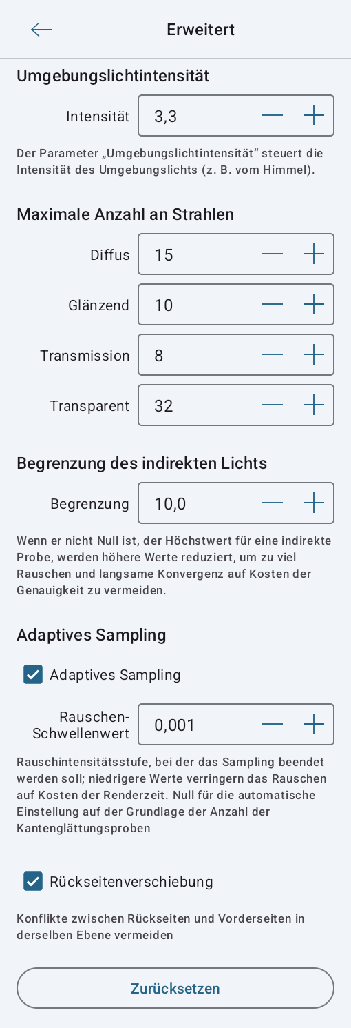 Erweiterte Einstellungen für den Renderer Cycles