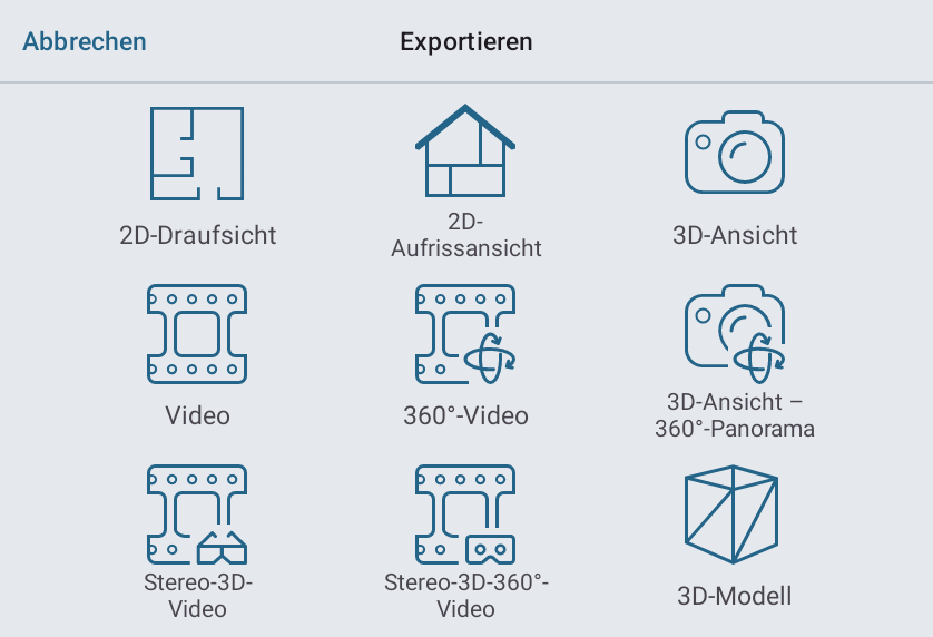 In der Überblendung „Exportieren“ werden der Grundriss, die 3D-Ansicht und weitere Exportoptionen aufgelistet.
