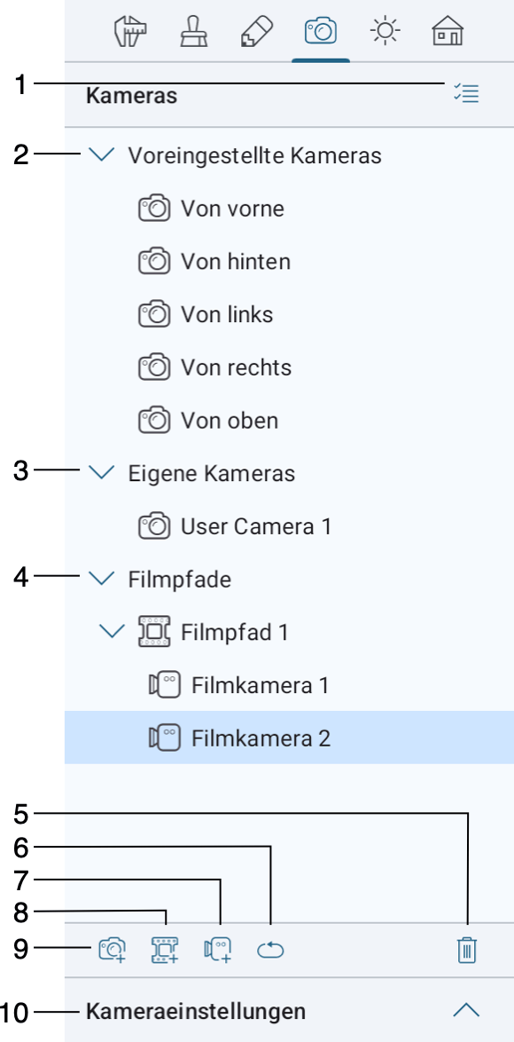 Registerkarte „Kameraeigenschaften“ im Informationsfenster