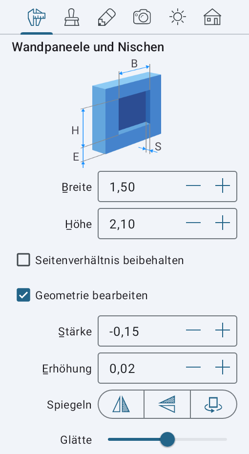 Parameter von Nischen und Wandpaneelen