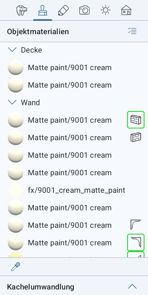 Objektmaterialien im Informationsfenster