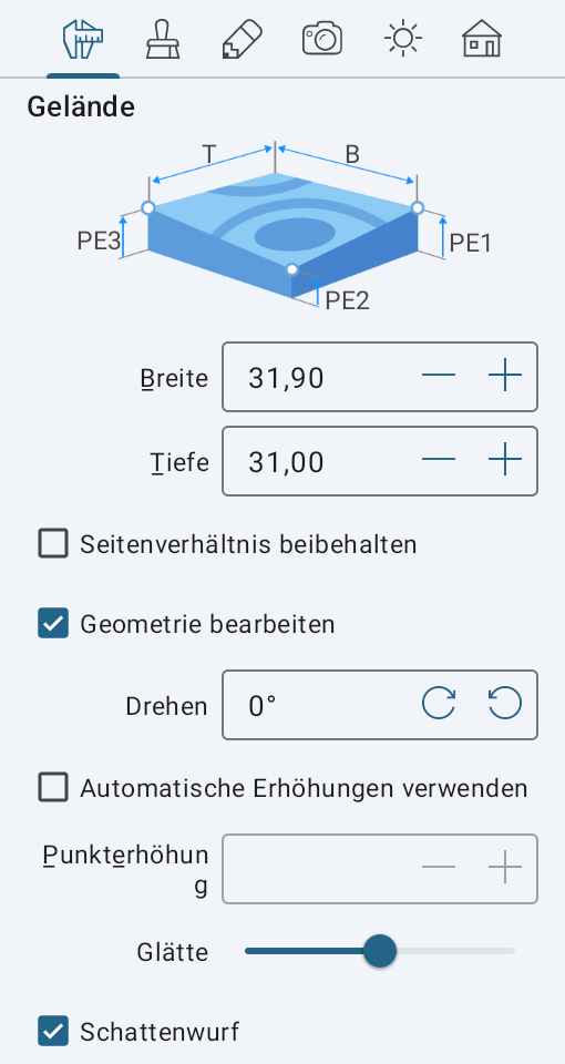 Eigenschaften des Gelände-Objekts im Informationsfenster.