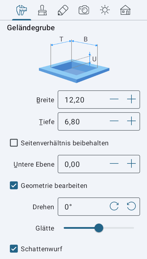 Eigenschaften des Gruben-Objekts im Informationsfenster.