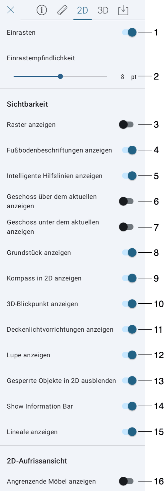 Einstellungen für die 2D-Ansicht
