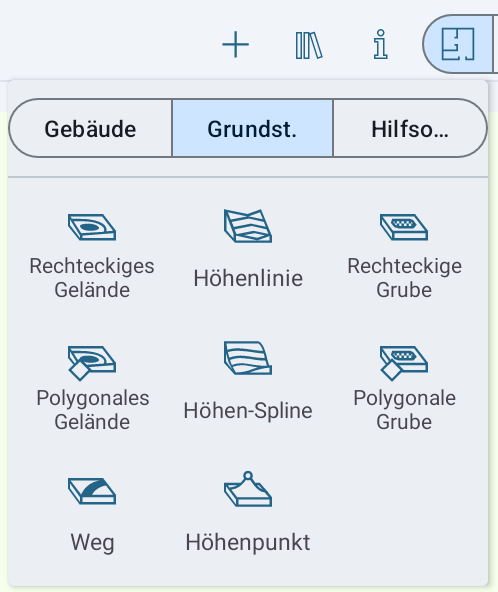 Popup-Menü mit Grundstück-Werkzeugen.