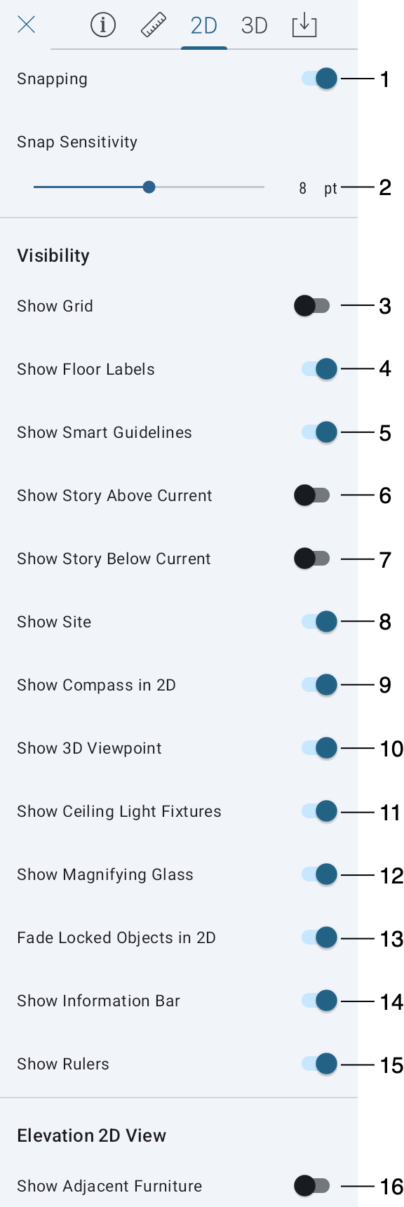 2D view settings