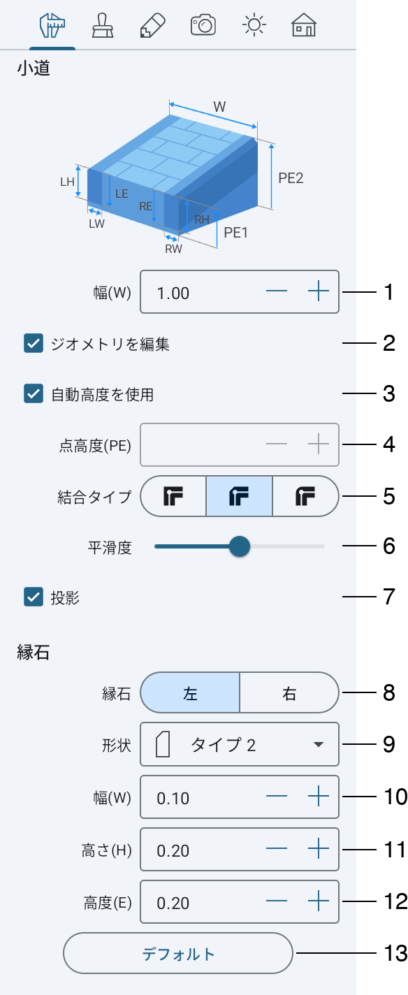 インスペクタの小道オブジェクトのプロパティ。