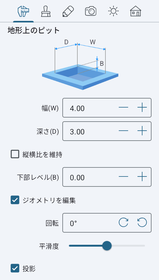 インスペクタのピットオブジェクトのプロパティ。