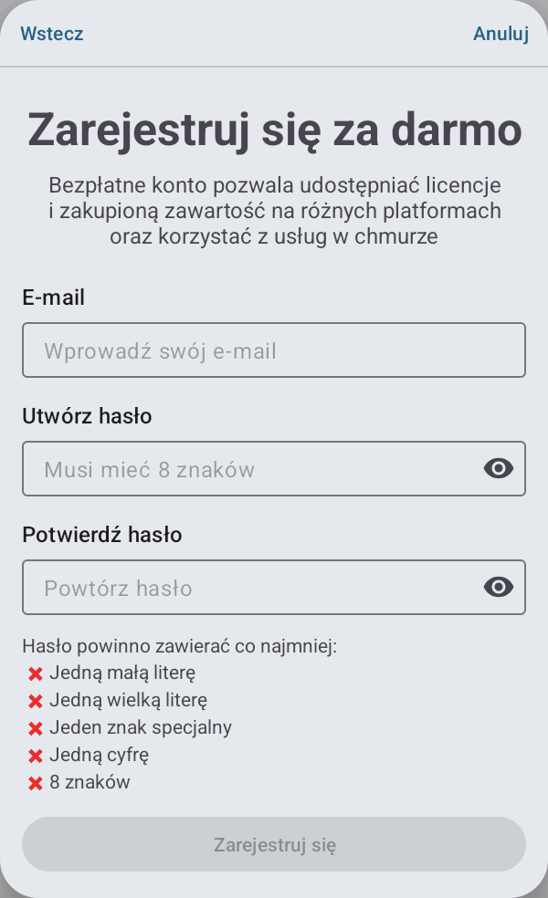 Okno bezpłatnej rejestracji