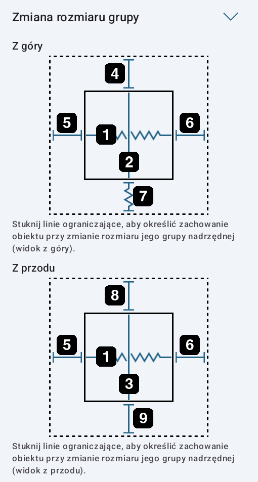 Opcje rozmiaru i odległości w ustawieniach zmiany rozmiaru grupy.
