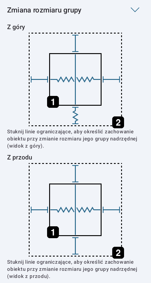 Uproszczone granice obiektu i grupy w ustawieniach zmiany rozmiaru grupy.