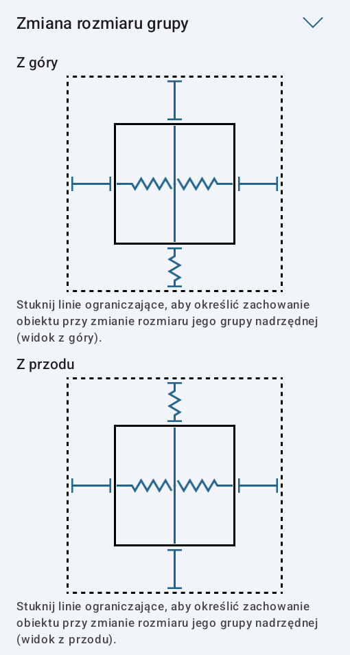 Ustawienia zmiany rozmiaru grupy dla sofy.