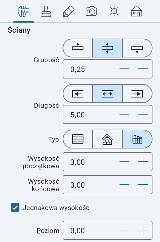 Właściwości ściany kurtynowej w Inspektorze.