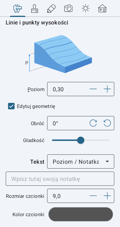 Właściwości obiektu Linia poziomicowa w Inspektorze.