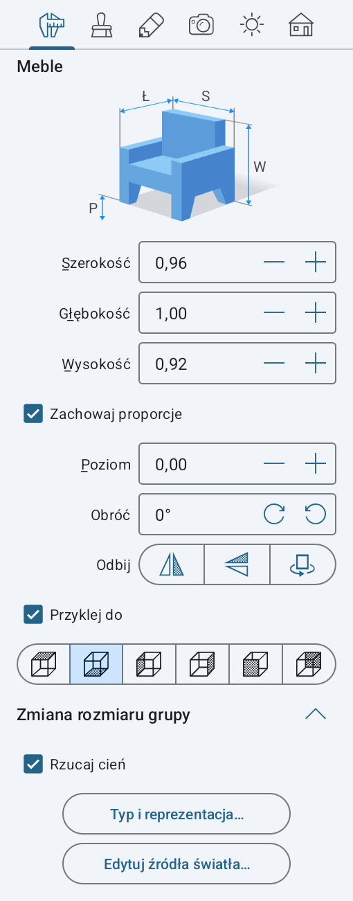 Parametry mebli