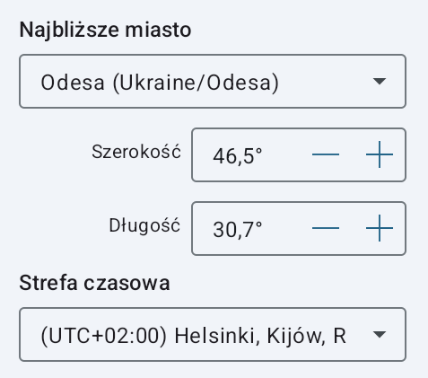 Ekran Geolokalizacja do ustawiania lokalizacji i strefy czasowej