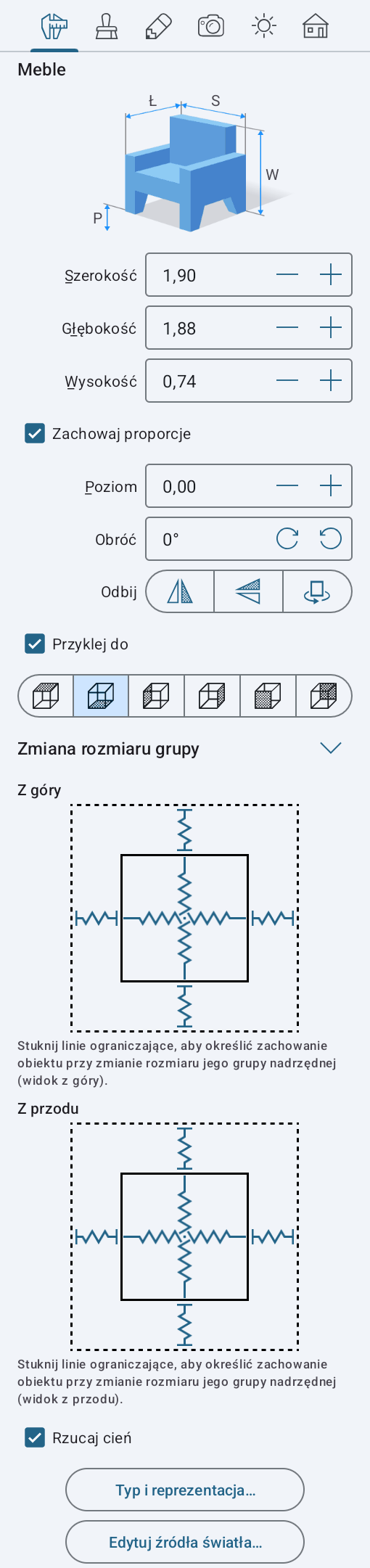 Inspektor z ustawieniami zmiany rozmiaru grupy.