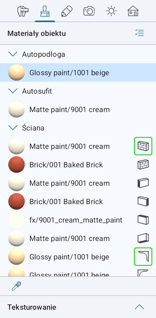 Materiały obiektu w Inspektorze