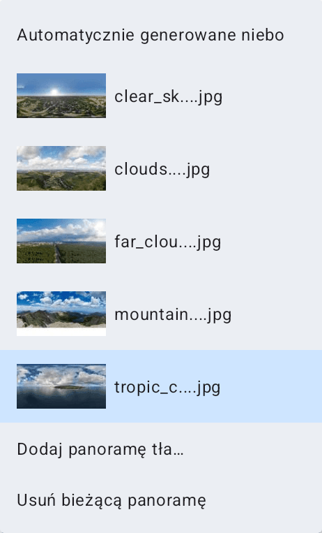 Menu panoramy tła.