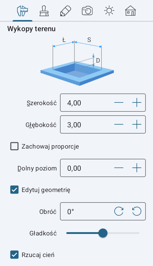 Właściwości obiektu Wykop w Inspektorze.