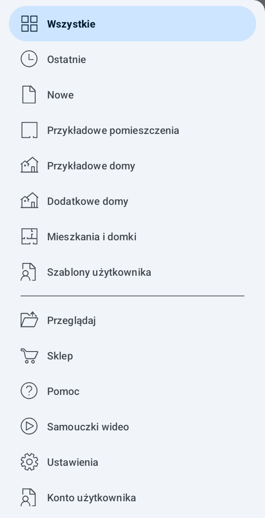 Panel menu w Galerii projektów
