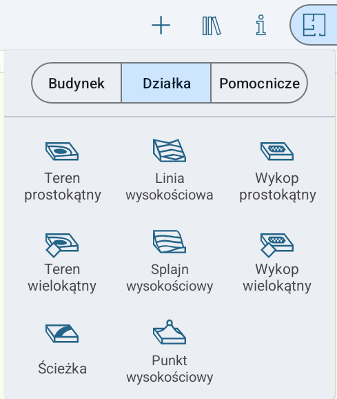 Menu podręczne z narzędziami działki.