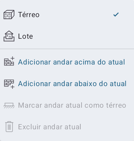 Menu pop-up com comandos relacionados aos andares.