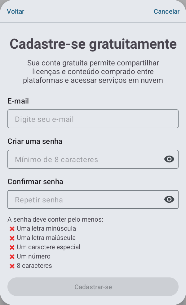 A caixa de diálogo de cadastro gratuito