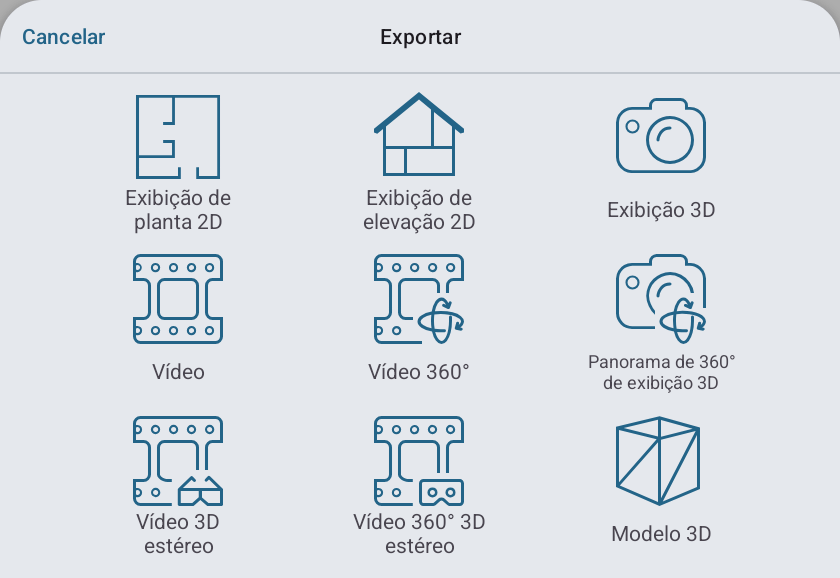 O popover Exportar lista a planta baixa, a exibição 3D e outras opções de exportação.