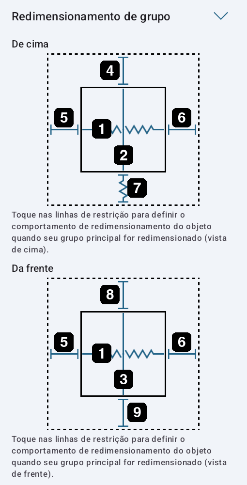 Opções de tamanho e distância nas configurações de redimensionamento de grupo.