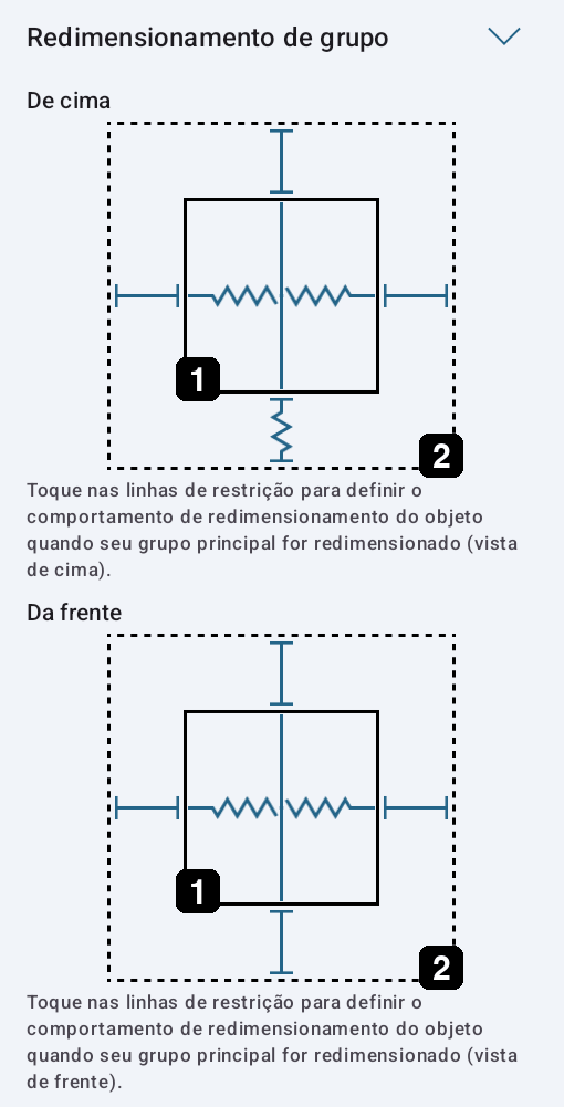 Os limites simplificados do objeto e do grupo nas configurações de redimensionamento de grupo.