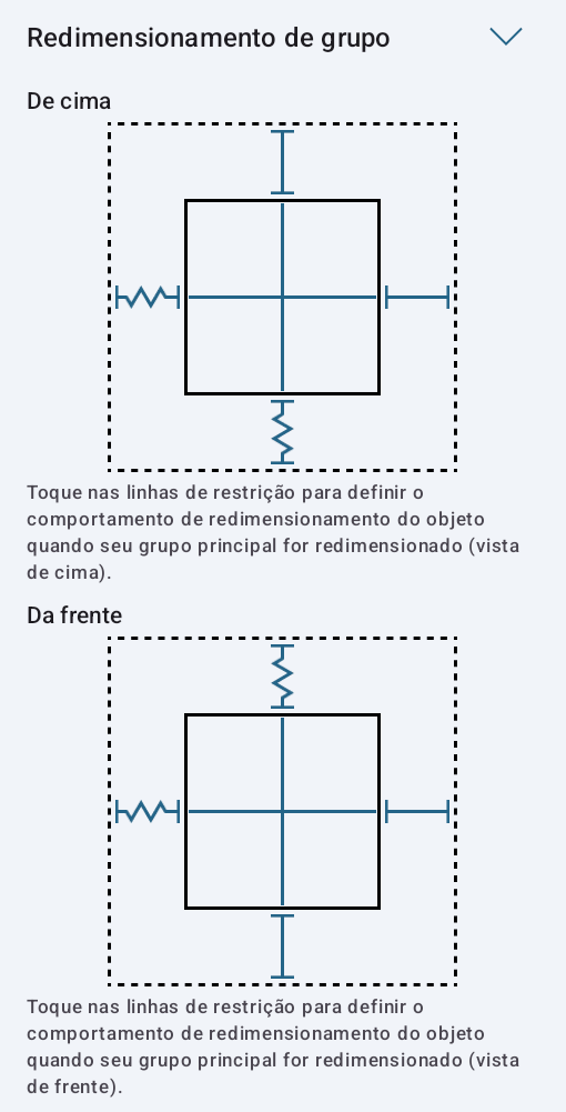 Configurações de redimensionamento de grupo da poltrona.