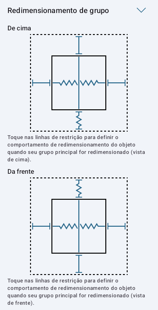 Configurações de redimensionamento de grupo do sofá.