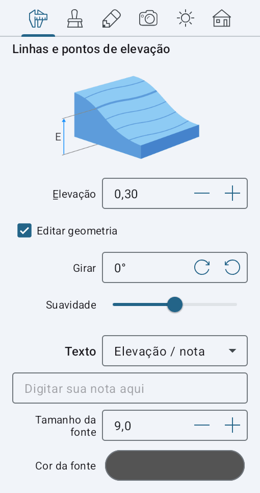Propriedades do objeto Linha de elevação no Inspetor.