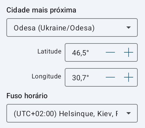 Tela de Geolocalização para configurar a localização e o fuso horário