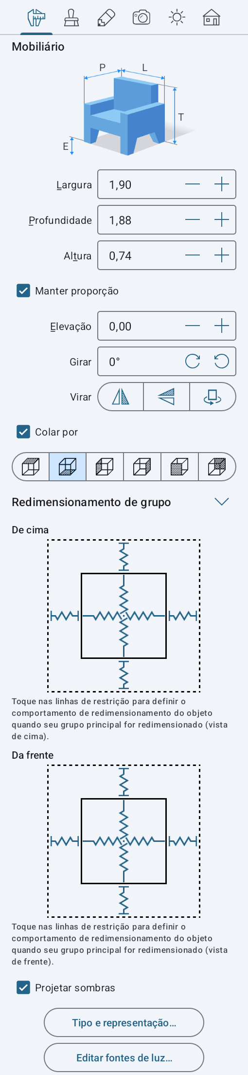 O Inspetor com as configurações de redimensionamento de grupo.