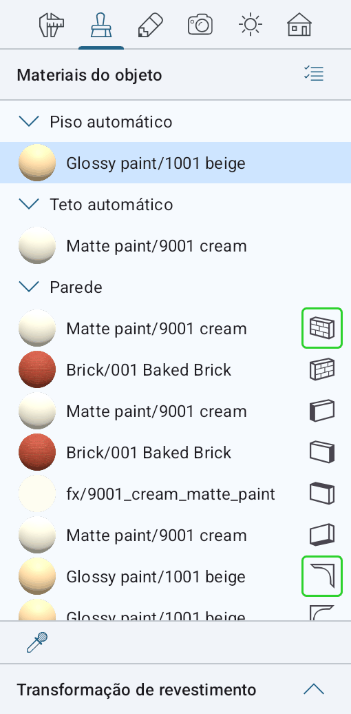 Materiais do objeto no Inspetor