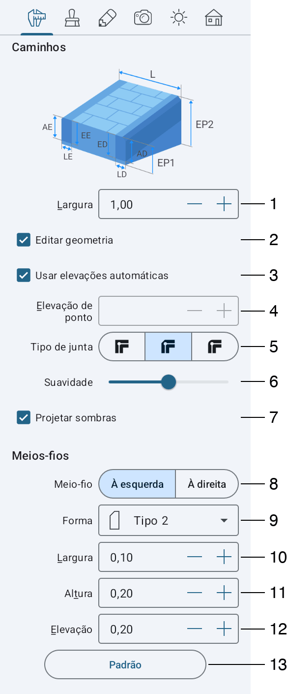 Propriedades do objeto Caminho no Inspetor.